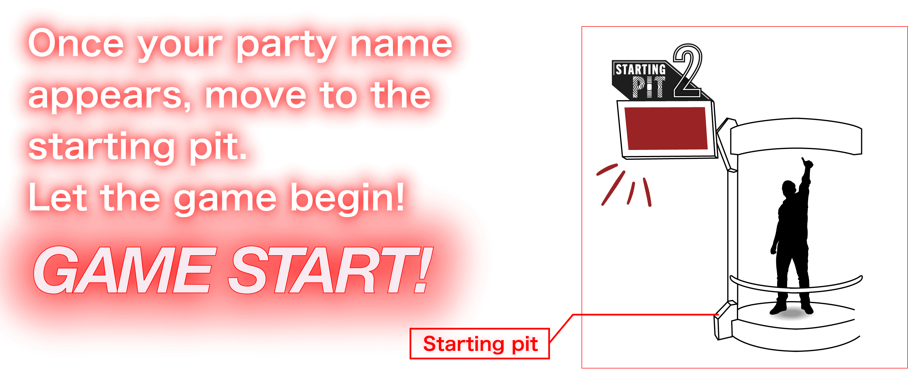 Once your party name appears, move to the starting pit. Let the game begin! GAME START!