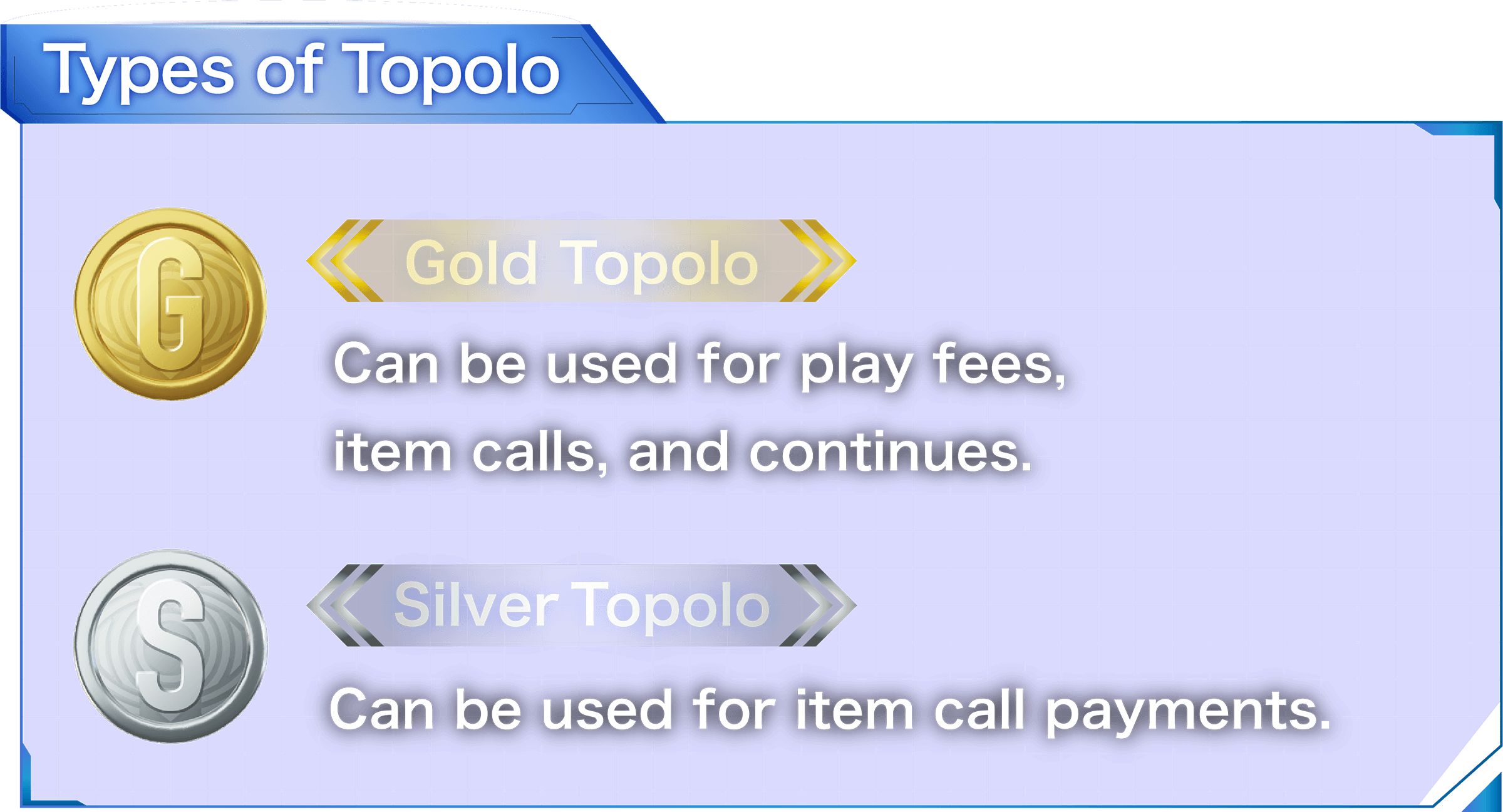 Types of Topolo Gold Topolo Can be used for play fees, item calls, and continues. Silver Topolo Can be used for item call payments.